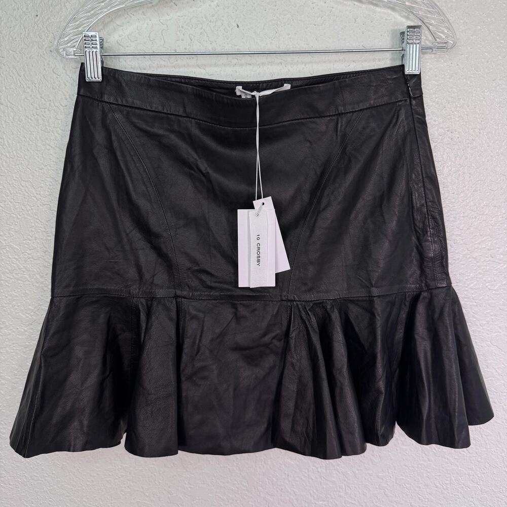 Derek Lam 10 Crosby Skirt Women 2 Lambskin Leather Trumpet Ruffle Mini Black NEW